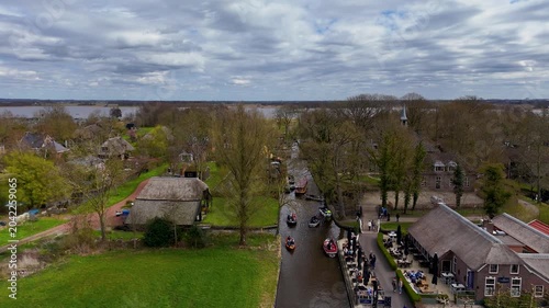 Aerial drone shots of the water village of Giethoorn Overijsel Netherlands