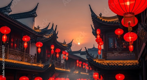 Traditional East Asian architecture adorned with vibrant red lanterns at sunset