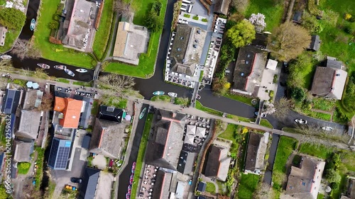 Aerial drone shots of the water village of Giethoorn Overijsel Netherlands