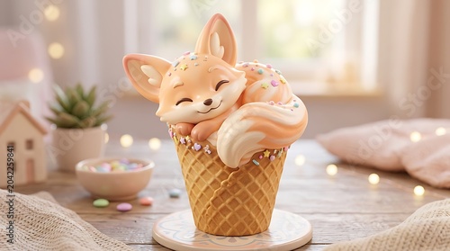 Adorable sleeping baby fox character made of soft pastel cream sitting comfortably inside a crispy waffle ice cream cone decorated with colorful sprinkles for a cute and whimsical artistic display.