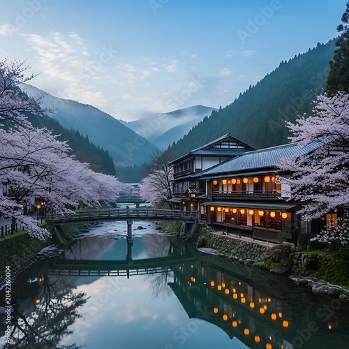 Traditional inn with cherry blossoms line a serene river in a mountain valley