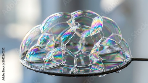 Macro close up shot of a delicate iridescent soap bubble