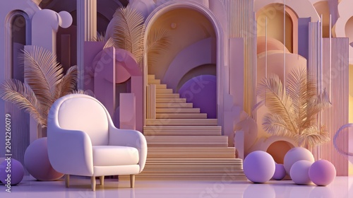 Stylized architectural composition featuring plush seating and botanical elements in soft pastel tones