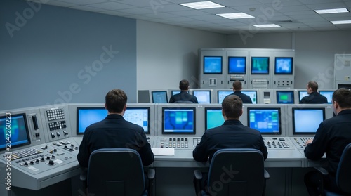 Professional team of operators working in a high-tech control room with multiple monitors