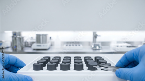 Scientist in Blue Gloves Handling Small Industrial Components with Tweezers in Laboratory