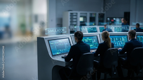 Professional Team Working in a High-Tech Control Room Environment for Simulation Training and Monitoring Procedures
