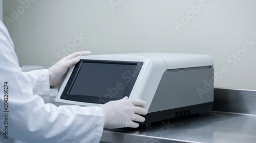 Scientist in Lab Coat Using High-Tech Medical Diagnostic Machine with Touchscreen in Laboratory