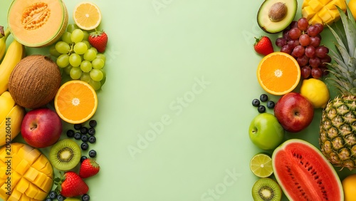 Flat lay of a vibrant assortment of fresh fruits arranged as a border frame on a solid light green background with copy space in the center.