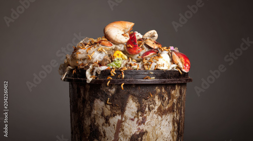 Trash bin filled with decaying food covered in maggots, illustrating waste decomposition and hygiene issues.