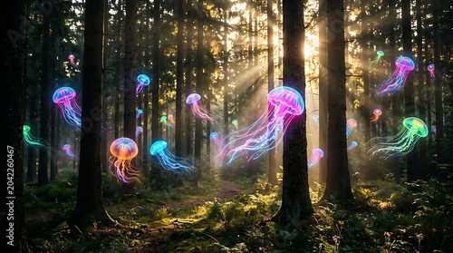 Vibrant glowing jellyfish floating through a mystical sunlit pine forest