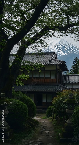 Traditional Japanese home and garden with iconic snow-capped mountain in background