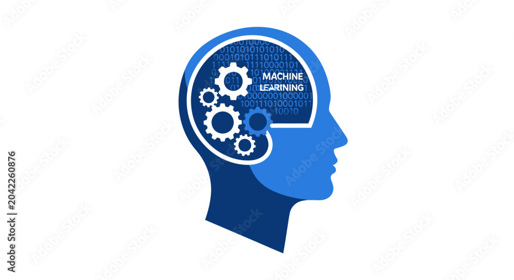 Obraz premium Machine Learning and Artificial Intelligence Concept Icon with Human Head Silhouette, Gears, and Binary Code