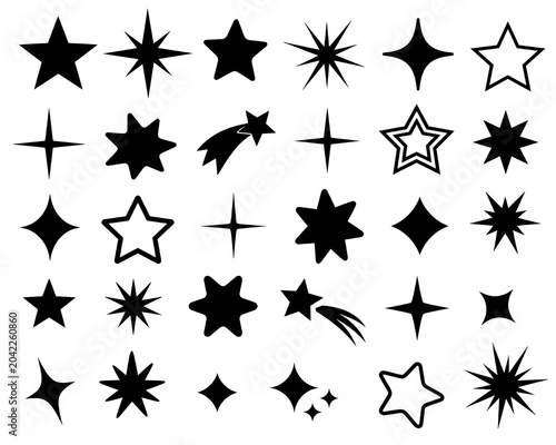 A variety of different hand drawn style star shapes and icons arranged in a set on a white background.