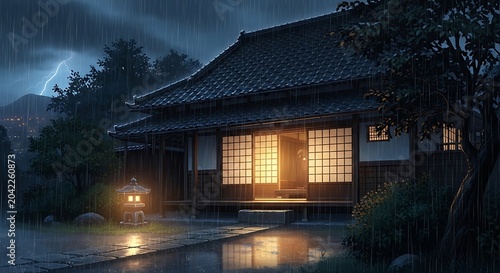 Traditional Japanese home glows with warm light during a stormy, rain-swept night