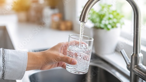 Refreshing glass of clean water poured from tap modern kitchen setting lifestyle photography bright and inviting environment close-up view healthy living concept