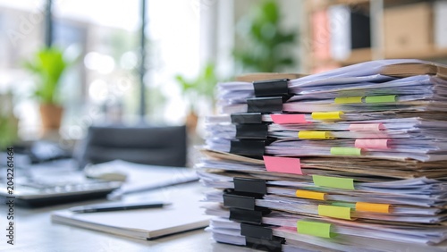 Organizing important documents and files on a desk in a modern office space with natural light highlighting productivity and efficiency in business management
