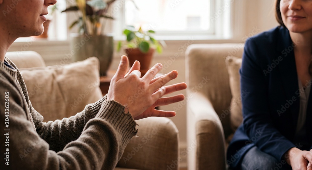 Obraz premium Close-up of hands gesturing during a focused conversation between two people, representing communication, therapy, or a business discussion.