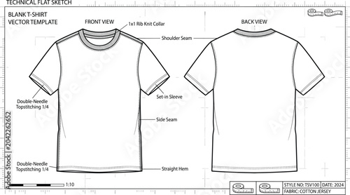 Bild auf Leinwand Blank t-shirt technical fashion flat sketch vector template with front and back