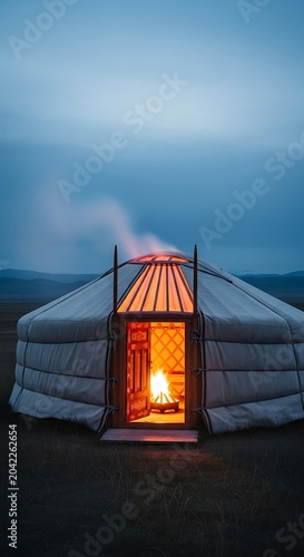 Traditional nomadic dwelling warmly lit by a fire at dusk