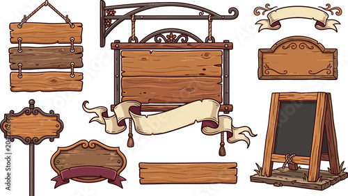 Принти на полотні Vintage blank wooden sign collection with hanging boards tavern banners ornate f