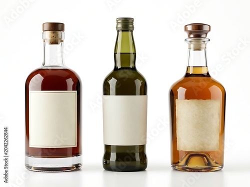Three assorted glass bottles with blank labels containing colorful alcoholic beverages like whiskey rum and spirits isolated on white background