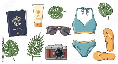 Summer Vacation Essentials Flat Lay: Passport, Bikini, Sunscreen, Camera, Sunglasses, Flip-flops, Tropical Leaves