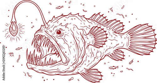 Foto Detailed vector illustration of deep sea anglerfish with glowing lure and sharp teeth, scary sea creature outline