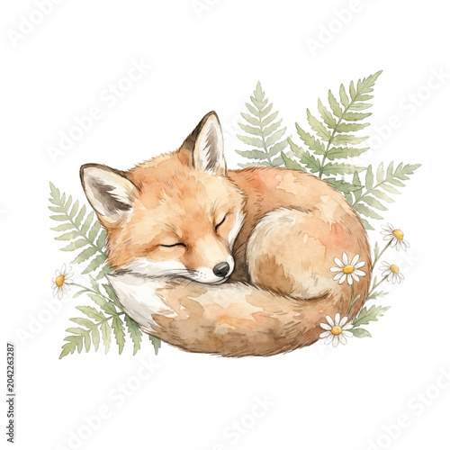 Cute Watercolor Sleeping Baby Fox with Daisies Isolated on White