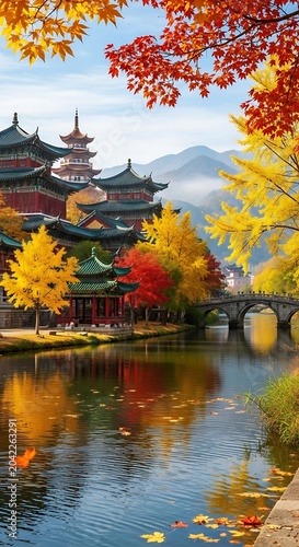 Traditional pagoda architecture by a tranquil river reflects vibrant autumn foliage