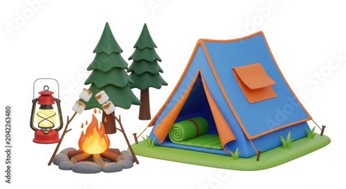 3D Render of a Vibrant Camping Scene with Blue Tent, Roasting Marshmallows over Campfire, Pine Trees, and Red Lantern