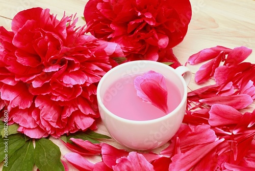 Peony tea made from beautiful red flower petals. Paeonia officinalis was first used for medicinal purposes, now grown as an ornamental.