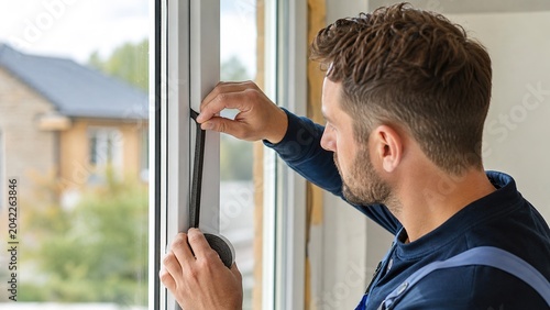 Home improvement man sealing windows with weather stripping indoor setting diy project natural light close-up viewpoint enhancing energy efficiency in home