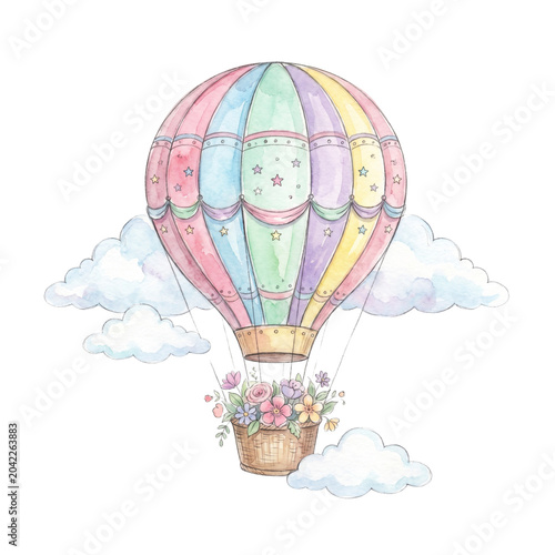 Whimsical Watercolor Pastel Hot Air Balloon Isolated on White