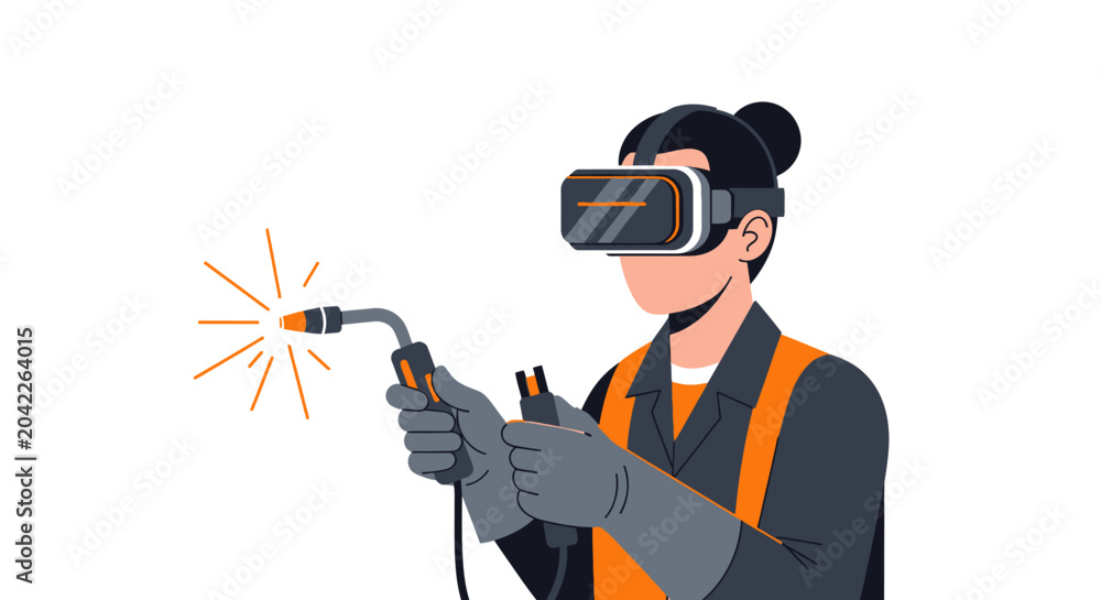 Obraz premium Female Welder Using VR Headset for Industrial Training Simulation - Modern Virtual Reality Skill Development Illustration