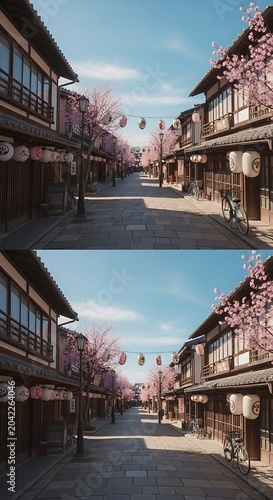 Traditional street scene with blooming cherry trees and lanterns