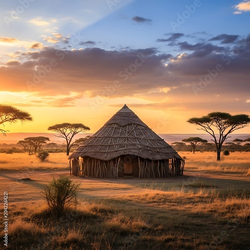 Traditional thatched hut in African savanna landscape at sunset