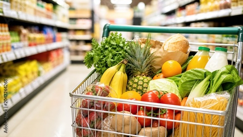Foto Grocery shopping adventure supermarket fresh produce organized aisles eye-level