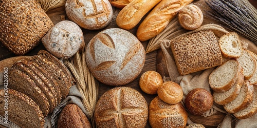 Photos Artisan bread display bakery food photography rustic setting top-down view culin