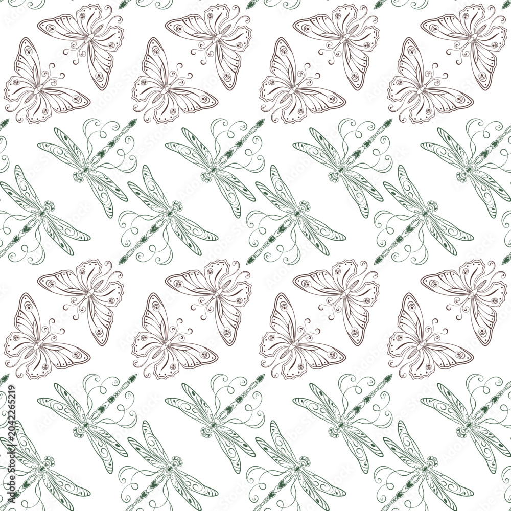 Fototapeta premium Seamless geometric pattern with pairs of lacy butterflies and dragonfly in diagonal arrangement. Delicate outline contour illustrations on transparent background. Line art. Elegant Art Nouveau style.