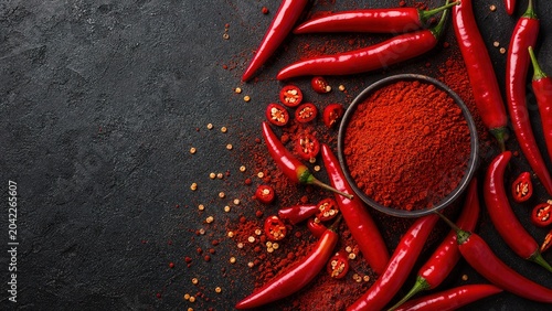 Schilderij op canvas Spicy red chili peppers and powder culinary kitchen food photography vibrant dar