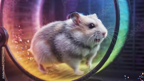 Hamster running in neon lit wheel with bokeh lights