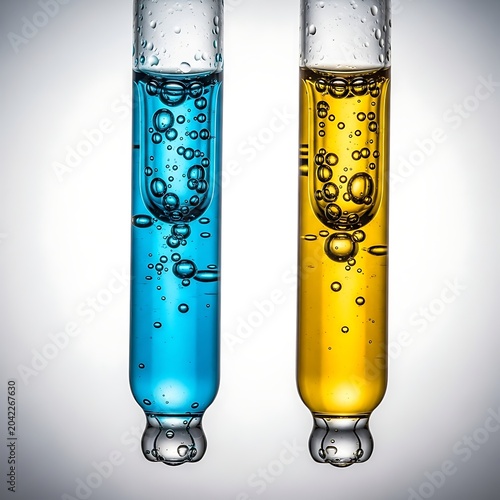 Two glass tubes filled with colorful bubbling liquids against a gradient background