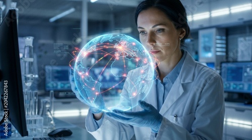 Female scientist holding holographic globe with red spreading infection routes lab