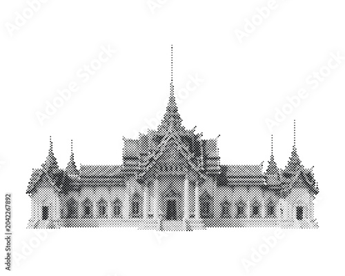 Vintage retro halftone vector illustration of traditional ornate temple building with intricate architectural details isolated on white background