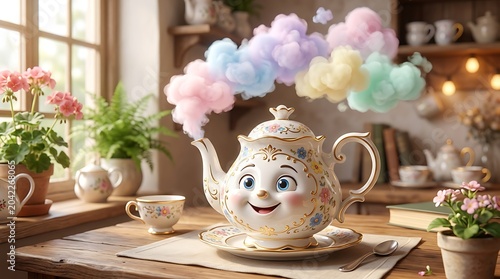 Enchanted ceramic teapot with a friendly smiling face and intricate floral gold patterns rests on a wooden table emitting soft colorful pastel clouds of steam in a cozy sunlit kitchen
