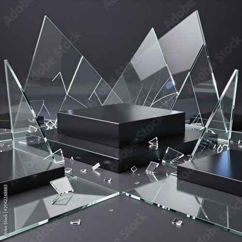 Minimalist black product display platform with geometric glass facets