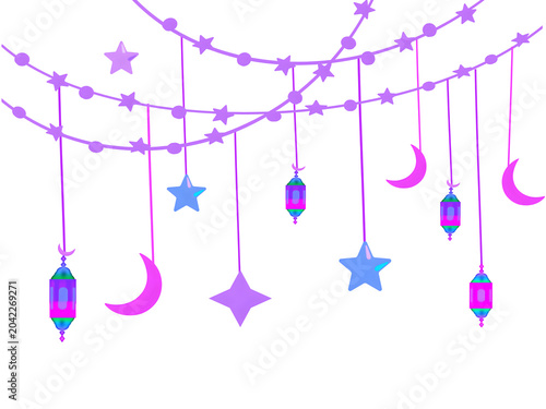 Retro synthwave style hanging star garland transparent PNG element with neon purple Ramadan traditional lanterns