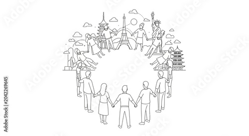 Diverse people circle holding hands, global landmarks, unity, teamwork, travel, friendship, connection
