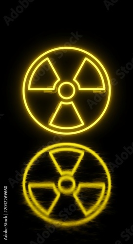Two glowing neon yellow radiation symbols against a dark, black background
