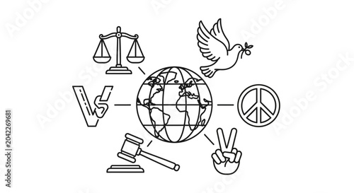 Quadro su tela Global Peace and Justice Concept: Earth surrounded by symbols of law, war, peace, and victory